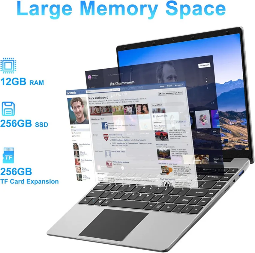 14 Inch Windows 11 Computer Laptop PC 12GB LPDDR4 RAM 256GB SSD ROM 4-Core Processor WIFI 1080p FHD IPS Screen with Celeron
